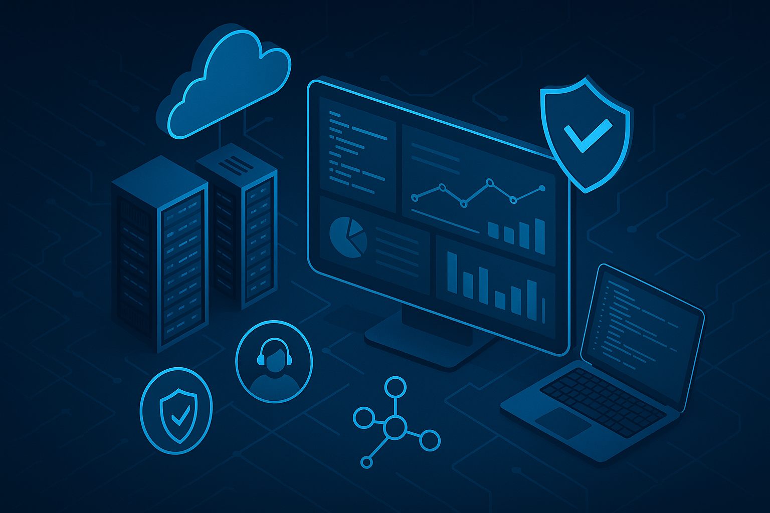 Illustration von IT-Infrastruktur: Server, Cloud, Sicherheit und Support